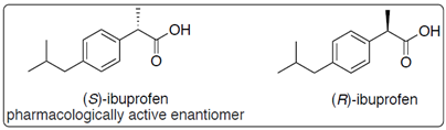 Enantiomers of ibuprofen the pharmacologically active (S)-ibuprofen and the inactive (R)-ibuprofen.